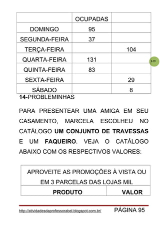 129
OCUPADAS
DOMINGO 95
SEGUNDA-FEIRA 37
TERÇA-FEIRA 104
QUARTA-FEIRA 131
QUINTA-FEIRA 83
SEXTA-FEIRA 29
SÁBADO 8
14-PROBLEMINHAS
PARA PRESENTEAR UMA AMIGA EM SEU
CASAMENTO, MARCELA ESCOLHEU NO
CATÁLOGO UM CONJUNTO DE TRAVESSAS
E UM FAQUEIRO. VEJA O CATÁLOGO
ABAIXO COM OS RESPECTIVOS VALORES:
APROVEITE AS PROMOÇÕES À VISTA OU
EM 3 PARCELAS DAS LOJAS MIL
PRODUTO VALOR
http://atividadesdaprofessorabel.blogspot.com.br/ PÁGINA 95
 