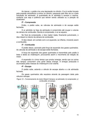 10
Ao descer, o pistão cria uma depressão no cilindro. O ar é então forçado
pela pressão atmosférica a entrar no cilindro, passando pelo filtro de ar e pela
tubulação de admissão. A quantidade de ar admitida é sempre a mesma,
qualquer que seja a potência que estiver sendo utilizada ou a posição do
acelerador.
2a
– Compressão
Então, o pistão sobe, as válvulas de admissão e de escape estão
fechadas.
O ar admitido na fase de admissão é comprimido até ocupar o volume
da câmara de combustão. Devido à compressão, o ar se aquece.
No final da compressão, o bico injetor injeta, finamente pulverizado, o
óleo diesel no interior da câmara de combustão.
O óleo diesel, em contato com o ar aquecido, se inflama, iniciando assim
a combustão.
3a
– Combustão
O pistão desce, acionado pela força de expansão dos gases queimados.
As válvulas de admissão e de escape estão fechadas.
A força de expansão dos gases queimados é transmitida pelo pistão à
biela e desta ao virabrequim, provocando assim o movimento de rotação do
motor.
A expansão é o único tempo que produz energia, sendo que os outros
três tempos consomem uma parte dessa energia. A energia produzida é
acumulada pelas massas do virabrequim e do volante.
4a
– Escape
O pistão sobe, estando a válvula de escape aberta e a de admissão
fechada.
Os gases queimados são expulsos através da passagem dada pela
válvula e escape.
Figura 12 – Funcionamento do motor Diesel 4 tempos: a) admissão; b) compressão; c)
combustão; d) escape.
a b c d
 