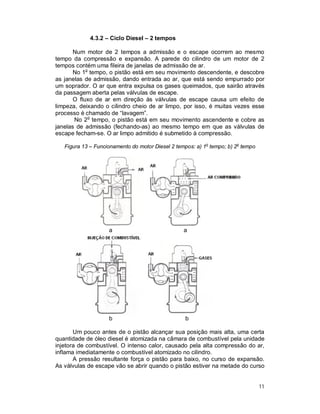 11
4.3.2 – Ciclo Diesel – 2 tempos
Num motor de 2 tempos a admissão e o escape ocorrem ao mesmo
tempo da compressão e expansão. A parede do cilindro de um motor de 2
tempos contém uma fileira de janelas de admissão de ar.
No 1o
tempo, o pistão está em seu movimento descendente, e descobre
as janelas de admissão, dando entrada ao ar, que está sendo empurrado por
um soprador. O ar que entra expulsa os gases queimados, que sairão através
da passagem aberta pelas válvulas de escape.
O fluxo de ar em direção às válvulas de escape causa um efeito de
limpeza, deixando o cilindro cheio de ar limpo, por isso, é muitas vezes esse
processo é chamado de “lavagem”.
No 2o
tempo, o pistão está em seu movimento ascendente e cobre as
janelas de admissão (fechando-as) ao mesmo tempo em que as válvulas de
escape fecham-se. O ar limpo admitido é submetido à compressão.
Figura 13 – Funcionamento do motor Diesel 2 tempos: a) 1o
tempo; b) 2o
tempo
a a
b b
Um pouco antes de o pistão alcançar sua posição mais alta, uma certa
quantidade de óleo diesel é atomizada na câmara de combustível pela unidade
injetora de combustível. O intenso calor, causado pela alta compressão do ar,
inflama imediatamente o combustível atomizado no cilindro.
A pressão resultante força o pistão para baixo, no curso de expansão.
As válvulas de escape vão se abrir quando o pistão estiver na metade do curso
 