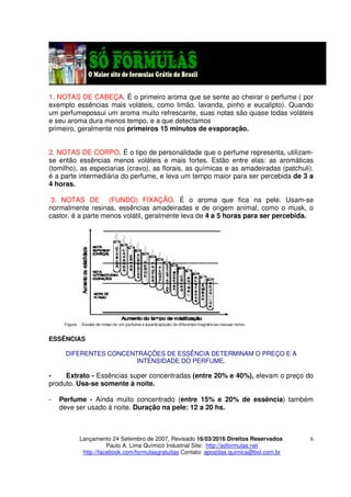 Lançamento 24 Setembro de 2007, Revisado 16/03/2016 Direitos Reservados
Paulo A. Lima Químico Industrial Site: http://soformulas.net
http://facebook.com/formulasgratuitas Contato: apostilas.quimica@bol.com.br
6
1. NOTAS DE CABEÇA. É o primeiro aroma que se sente ao cheirar o perfume ( por
exemplo essências mais voláteis, como limão, lavanda, pinho e eucalipto). Quando
um perfumepossui um aroma muito refrescante, suas notas são quase todas voláteis
e seu aroma dura menos tempo, e a que detectamos
primeiro, geralmente nos primeiros 15 minutos de evaporação.
2. NOTAS DE CORPO. É o tipo de personalidade que o perfume representa, utilizam-
se então essências menos voláteis e mais fortes. Estão entre elas: as aromáticas
(tomilho), as especiarias (cravo), as florais, as químicas e as amadeiradas (patchuli).
é a parte intermediária do perfume, e leva um tempo maior para ser percebida de 3 a
4 horas.
3. NOTAS DE (FUNDO) FIXAÇÃO. É o aroma que fica na pele. Usam-se
normalmente resinas, essências amadeiradas e de origem animal, como o musk, o
castor. é a parte menos volátil, geralmente leva de 4 a 5 horas para ser percebida.
ESSÊNCIAS
DIFERENTES CONCENTRAÇÕES DE ESSÊNCIA DETERMINAM O PREÇO E A
INTENSIDADE DO PERFUME.
- Extrato - Essências super concentradas (entre 20% e 40%), elevam o preço do
produto. Usa-se somente à noite.
- Perfume - Ainda muito concentrado (entre 15% e 20% de essência) também
deve ser usado á noite. Duração na pele: 12 a 20 hs.
 