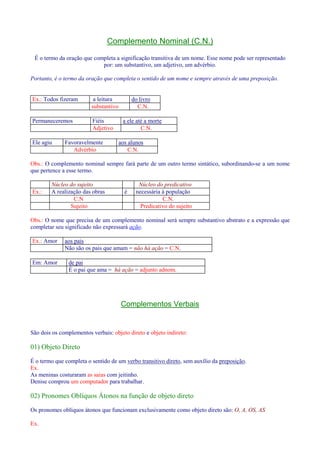 Complemento Nominal (C.N.) 
É o termo da oração que completa a significação transitiva de um nome. Esse nome pode ser representado 
por: um substantivo, um adjetivo, um advérbio. 
Portanto, é o termo da oração que completa o sentido de um nome e sempre através de uma preposição. 
Ex.: Todos fizeram a leitura do livro 
substantivo C.N. 
Permaneceremos Fiéis a ele até a morte 
Adjetivo C.N. 
Ele agiu Favoravelmente aos alunos 
Advérbio C.N. 
Obs.: O complemento nominal sempre fará parte de um outro termo sintático, subordinando-se a um nome 
que pertence a esse termo. 
Núcleo do sujeito Núcleo do predicativo 
Ex.: A realização das obras é necessária à população 
C.N C.N. 
Sujeito Predicativo do sujeito 
Obs.: O nome que precisa de um complemento nominal será sempre substantivo abstrato e a expressão que 
completar seu significado não expressará ação. 
Ex.: Amor aos pais 
Não são os pais que amam = não há ação = C.N. 
Em: Amor de pai 
É o pai que ama = há ação = adjunto adnom. 
Complementos Verbais 
São dois os complementos verbais: objeto direto e objeto indireto: 
01) Objeto Direto 
É o termo que completa o sentido de um verbo transitivo direto, sem auxílio da preposição. 
Ex. 
As meninas costuraram as saias com jeitinho. 
Denise comprou um computador para trabalhar. 
02) Pronomes Oblíquos Átonos na função de objeto direto 
Os pronomes oblíquos átonos que funcionam exclusivamente como objeto direto são: O, A, OS, AS 
Ex. 
 