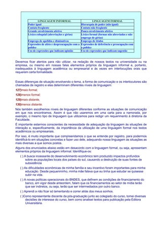 LINGUAGEM INFORMAL LINGUAGEM FORMAL 
Poder igual Hierarquia de poder (não igual) 
Contato freqüente Contato não freqüente 
Grande envolvimento afetivo Pouco envolvimento afetivo 
Léxico coloquial (abreviações e gírias) Léxico formal (formas não abreviadas e não 
emprego de gírias) 
Emprego de apelidos e diminutivos Emprego de títulos 
Expressões de afeto e despreocupação com a 
polidez 
Expressões de deferência e preocupação com 
a polidez 
Uso de expressões que indicam opinião Uso de expressões que indicam sugestão 
Devemos ficar atentos para não utilizar, na redação de nossos textos na universidade ou na 
empresa, ou mesmo em nossas falas elementos próprios da linguagem informal e, portanto, 
inadequados à linguagem acadêmica ou empresarial e às vezes em interlocuções orais que 
requerem certa formalidade. 
Essas diferenças de situação envolvendo o tema, a forma de comunicação e os interlocutores são 
chamadas de registro e elas determinam diferentes níveis de linguagem: 
127)mais formal, 
128)menos formal; 
129)mais distante, 
130)menos distante. 
Nós também escolhemos níveis de linguagem diferentes conforme as situações de comunicação 
em que nos encontramos. Assim é que não usaremos em uma carta para a namorada, por 
exemplo, o mesmo tipo de linguagem que utilizamos para redigir um requerimento à diretoria da 
Faculdade. 
É importante estarmos conscientes da necessidade de adequação da linguagem às situações de 
interação e, especificamente, da importância da utilização de uma linguagem formal nos textos 
acadêmicos ou empresariais. 
Por isso, é muito importante que compreendamos o que se entende por registro, para podermos 
identificá-lo em situações concretas e fazer uso dele, adequando nossa linguagem às situações as 
mais diversas a que somos postos. 
Alguns dos enunciados abaixo estão em desacordo com a linguagem formal, ou seja, apresentam 
elementos próprios da linguagem informal. Identifique-os: 
( ) A busca incessante do desenvolvimento econômico tem produzido impactos profundos 
sobre as populações locais dos países do sul, causando a destruição de suas fontes de 
subsistência 
( ) As dificuldades econômicas de minha família e seu incentivo foram importantes para minha 
educação. Desde pequenininho, minha mãe falava que eu tinha que estudar se quisesse 
subir na vida. 
( ) A novas políticas operacionais do BNDES, que definem as condições de financiamento do 
banco, em vigor desde anteontem, falam que os financiamentos ao setor de mídia terão 
que ser indiretos, ou seja, terão que ser intermediados por outro banco. 
( ) Aprendi a não ficar só lamentando e correr atrás dos meus sonhos. 
( )Como representante discente da pós-graduação junto ao colegiado do curso, tomei diversas 
decisões de interesse do curso, bem como analisei textos para publicação pela Editora 
Universitária. 
 