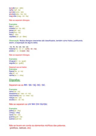 sucção(suc - ção) 
nafta (naf - ta) 
constar(cons - tar) 
abstrato(abs - tra - to) 
magnólia (mag - nó - lia) 
Não se separam ditongos: 
Exemplos: 
ópio(ó - pio) 
coitado(coi - ta - do) 
peixe(pei - xe) 
muito(mui - to) 
fiéis(fi - éis) 
capitães(ca - pi - tães) 
Observação: Muitos ditongos crescentes são classificados, também como hiatos, justificando, 
assim, a separação de alguns deles. 
- ia, -ie, -ia, -ua, -ue, -uo. 
história(his - tó - ri - a)(his - tó - ria) 
piada(pi - a - da)(pia - da) 
Não se separam tritongos. 
Exemplos: 
Uruguai(U - ru - guai) 
saguão(sa - guão) 
Separam-se os hiatos: 
Exemplos: 
Saara(Sa - a - ra) 
vôo(vô - o) 
rainha(ra - i - nha) 
Dígrafos: 
Separam-se os RR / SS / SÇ /XC / SC. 
Exemplos: 
carro(car - ro) 
assassino(as - sas - si - no) 
nascimento(nas - ci - men - to) 
nasça(nas - ça) 
exceto(ex - ce - to) 
Não se separam os LH/ NH/ CH/ GU/QU. 
Exemplos: 
palha(pa - lha) 
unha(u - nha) 
cave(cha - ve) 
guerra(guer - ra) 
queixa(quei-xa) 
Não se levam em conta os elementos mórficos das palavras. 
(prefixos, radicais, etc) 
 