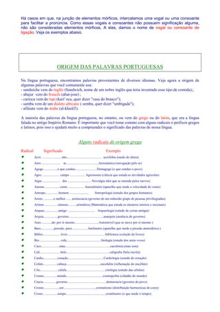 Há casos em que, na junção de elementos mórficos, intercalamos uma vogal ou uma consoante 
para facilitar a pronúncia. Como essas vogais e consoantes não possuem significação alguma, 
não são consideradas elementos mórficos. A elas, damos o nome de vogal ou consoante de 
ligação. Veja os exemplos abaixo. 
ORIGEM DAS PALAVRAS PORTUGUESAS 
Na língua portuguesa, encontramos palavras provenientes de diversos idiomas. Veja agora a origem de 
algumas palavras que você comumente usa: 
- sanduíche vem do inglês (Sandwich, nome de um nobre inglês que teria inventado esse tipo de comida);; 
- abajur vem do francês (abat-jour) ; 
- carioca vem do tupi (kari' oca, quer dizer casa do branco); 
- samba vem de um dialeto africano ( semba, quer dizer umbigada); 
- alfaiate vem do árabe (al-khaiãT). 
A maioria das palavras da língua portuguesa, no entanto, ou vem do grego ou do latim, que era a língua 
falada no antigo Império Romano. É importante que você tome contato com alguns radicais e prefixos gregos 
e latinos, pois isso o ajudará muito a compreender o significado das palavras de nossa língua. 
Alguns radicais de origem grega 
Radical Significado Exemplo 
· Acro ....................... alto.......................................... acrofobia (medo de altura) 
· Aero ...................... ar.......................................Aeronáutica (navegação pelo ar) 
· Agogo ................o que conduz......................... Demagogo (o que conduz o povo) 
· Agro...................... campo .................. Agronomia (ciência que estuda as atividades agrícolas) 
· Algia ..................... dor ............................ Nevralgia (dor que se estende pelos nervos) 
· Anemo...................vento ................... Anemômetro (aparelho que mede a velocidade do vento) 
· Antropo................homem ....................... Antropologia (estudo dos grupos humanos) 
· Aristo ............o melhor ...... aristocracia (governo de um reduzido grupo de pessoas priviliegiadas) 
· Arítmo ................número..........aritmética (Matemática que estuda os números inteiros e racionais) 
· Arqueo.................antigo ................................ Arqueologia (estudo de coisas antigas) 
· Arquia.................governo..........................................anarquia (ausência de governo) 
· Auto.............de/ por sí mesmo.............................Automóvel (que se move por sí mesmo ) 
· Baro................pressão, peso....................barômetro (aparelho que mede a pressão atmosférica ) 
· Biblio......................livro..............................................biblioteca (coleção de livros) 
· Bio..........................vida..........................................biologia (estudo dos seres vivos) 
· Caco......................mau......................................................cacofonia (mau som) 
· Cali.........................belo....................................................caligrafia (bela escrita) 
· Cardio.................coração...........................................Cardiologia (estudo do coração) 
· Cefalo.................cabeça.........................................encefalite (inflamação do encéfalo) 
· Cito......................célula...............................................citologia (estudo das células) 
· Cosmo................mundo............................................cosmopolita (cidadão do mundo) 
· Cracia................governo...............................................democracia (governo do povo) 
· Cromo...................cor.......................................cromatismo (distribuição harmoniosa de cores) 
· Crono..................tempo................................................cronômetro (o que mede o tempo) 
 
