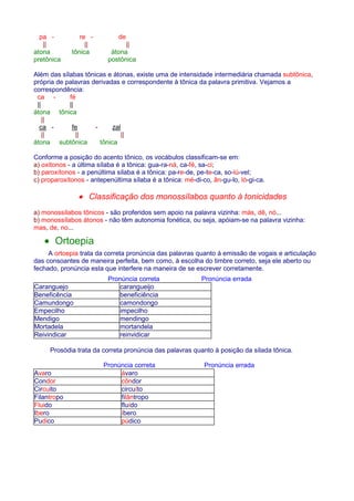 pa - re - de 
|| || || 
atona tônica átona 
pretônica postônica 
Além das sílabas tônicas e átonas, existe uma de intensidade intermediária chamada subtônica, 
própria de palavras derivadas e correspondente à tônica da palavra primitiva. Vejamos a 
correspondência: 
ca - fé 
|| || 
átona tônica 
|| 
ca - fe - zal 
|| || || 
átona subtônica tônica 
Conforme a posição do acento tônico, os vocábulos classificam-se em: 
a) oxítonos - a última sílaba é a tônica: gua-ra-ná, ca-fé, sa-ci; 
b) paroxítonos - a penúltima sílaba é a tônica: pa-re-de, pe-te-ca, so-lú-vel; 
c) proparoxítonos - antepenúltima sílaba é a tônica: mé-di-co, ân-gu-lo, ló-gi-ca. 
· Classificação dos monossílabos quanto à tonicidades 
a) monossílabos tônicos - são proferidos sem apoio na palavra vizinha: más, dê, nó... 
b) monossílabos átonos - não têm autonomia fonética, ou seja, apóiam-se na palavra vizinha: 
mas, de, no... 
· Ortoepia 
A ortoepia trata da correta pronúncia das palavras quanto à emissão de vogais e articulação 
das consoantes de maneira perfeita, bem como, à escolha do timbre correto, seja ele aberto ou 
fechado, pronúncia esta que interfere na maneira de se escrever corretamente. 
Pronúncia correta Pronúncia errada 
Caranguejo carangueijo 
Beneficência beneficiência 
Camundongo camondongo 
Empecilho impecilho 
Mendigo mendingo 
Mortadela mortandela 
Reivindicar reinvidicar 
Prosódia trata da correta pronúncia das palavras quanto à posição da sílada tônica. 
Pronúncia correta Pronúncia errada 
Avaro ávaro 
Condor côndor 
Circuito circuíto 
Filantropo filântropo 
Fluido fluído 
Ibero íbero 
Pudico púdico 
 
