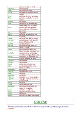 soas com valor positivo 
farândola de mendigos 
fardo de coisas pesadas 
fauna de todos os animais de uma 
região 
feixe de lenha, de raios luminosos 
flora de todas as plantas de uma 
região 
floresta de árvores 
frota de navios, de veículos per-tencentes 
a uma empresa 
junta de dois bois, de médicos, 
examinadores,militares que 
governam 
júri de jurados 
legião de anjos, de demônios, de 
soldados 
malta de gente ordinária em geral 
manada de gado ou animais grandes 
(bois, elefantes, etc) 
matilha de cães de caça 
miríade de coisas com número su-perior 
a 10.000 
molho de coisas agrupadas em 
feixes (chaves, cenouras, etc) 
multidão de pessoas ou coisas aglo-meradas 
(inimigos, fatos, etc) 
nuvem de fumaça, ou de coisas pe-quenas 
(insetos, pó, etc) 
orquestra de músicos 
pelotão de soldados 
penca de bananas, de chaves 
pilha de coisas dispostas umas 
sobre as outras 
pinacoteca de quadros 
plêiade de pessoas ilustres 
prole de filhos 
quadrilha de ladrões 
rebanho de gado, ou de quadrúpedes 
repertório de peças teatrais, musicais, 
ou de piadas 
resma de papel 
réstia de cebolas, de alho 
saraivada de protestos, de balas, de 
vaias, de perguntas 
seleta de textos escolhidos 
súcia de pessoas desonestas 
trouxa de roupas 
viveiro de aves ou peixes confinados 
ADJETIVO 
Palavra que caracteriza o substantivo, atribuindo-lhe qualidades, estado ou lugar de origem. 
Exemplo: 
 