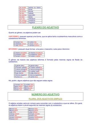 de cavalo eqüino ou hípico 
de boca bucal 
da chuva pluvial 
de céu celeste 
de aranha aracnídio 
de leite lácteo 
sem fim infindável 
de umbigo umbelical 
de mestre magistral 
FLEXÃO DO ADJETIVO 
Quanto ao gênero, os adjetivos podem ser: 
UNIFORMES: possuem apenas uma forma, que se aplica tanto a substantivos masculinos como a 
substantivos femininos: 
O homem feliz A mulher feliz 
O interesse comum A causa comum 
O mês anterior A semana anterior 
BIFORMES: possuem duas formas: uma para o masculino, outra para o feminino: 
O menino brincalhão A menina brincalhona 
O professor inglês A professora inglesa 
O homem corajoso A mulher corajosa 
O gênero da maioria dos adjetivos biformes é formado pelas mesmas regras de flexão do 
substantivo: 
O garoto ativo A garoto ativa 
O homem sofredor A mulher sofredora 
O menino português A menina portuguesa 
O homem cristão A mulher cristã 
O pai chorão A mãe chorona 
O técnico espanhol A técnica espanhola 
O arroz cru A carne crua 
Há, porém, alguns adjetivos que não seguem estas regras: 
O homem ateu A mulher atéia 
Rapaz plebeu Moça plebéia 
Menino judeu Menina judia 
Homem mau Mulher má 
NÚMERO DO ADJETIVO 
PLURAL DOS ADJETIVOS SIMPLES 
O adjetivo simples varia em número para concordar com o substantivo a que se refere. Em geral, 
os adjetivos fazem o plural seguindo as mesmas regras do substantivo: 
Menina bela Meninas belas 
Menino gentil Meninos gentis 
Leão feroz Leões ferozes 
Criança amável Crianças amáveis 
Homem são Homens sãos 
Homem trabalhador Homens trabalhadores 
Pessoa jovem Pessoas jovens 
 