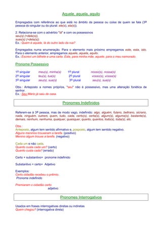 Aquele, aquela, aquilo 
Empregados com referência ao que está no âmbito da pessoa ou coisa de quem se fala (3a 
pessoa do singular ou do plural: ele(s), ela(s)). 
2. Relaciona-se com o advérbio lá e com os possessivos 
seu(s) (=dele(s)), 
suas(s) (=dela(s)). 
Ex.: Quem é aquele, lá do outro lado da rua? 
Empregados numa enumeração. Para o elemento mais próximo empregamos este, esta, isto. 
Para o elemento anterior, empregamos aquele, aquela, aquilo. 
Ex.: Escrevi um bilhete e uma carta. Esta, para minha mãe, aquele, para o meu namorado. 
Pronome Possessivo 
1o singular meu(s), minha(s) 1o plural nosso(s), nossa(s) 
2o singular teu(s), tua(s) 2o plural vosso(s), vossa(s) 
3o singular seu(s), sua(s) 3o plural seu(s), sua(s) 
Obs.: Anteposto a nomes próprios, seu não é possessivo, mas uma alteração fonética de 
senhor. 
Ex.: Seu Mário já saiu de casa. 
Pronomes Indefinidos 
Referem-se à 3a pessoa, mas de modo vago, indefinido: algo, alguém, fulano, beltrano, sicrano, 
nada, ninguém, outrem, quem, tudo, cada, certo(s), certa(s), algum(s), alguma(s), bastante(s), 
demais, nenhum, nenhuma, qualquer, quaisquer, quanto, quantos, todo(s), toda(s), etc. 
Obs.: 
Anteposto, algum tem sentido afirmativo e, posposto, algum tem sentido negativo. 
Alguns meninos trouxeram a tarefa. (positivo) 
Menino algum trouxe a tarefa. (negativo) 
Cada um e não cada. 
Quanto custa cada um? (certo) 
Quanto custa cada? (errado) 
Certo + substantivo= pronome indefinido 
Substantivo + certo= Adjetivo 
Exemplos: 
Certo cidadão recebeu o prêmio. 
Pronome indefinido 
Premiaram o cidadão certo 
adjetivo 
Pronomes Interrogativos 
Usados em frases interrogativas diretas ou indiretas 
Quem chegou? (interrogativa direta) 
 