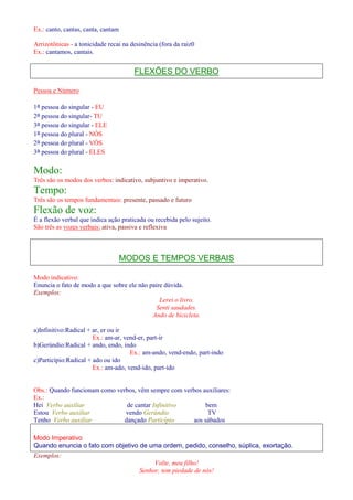 Ex.: canto, cantas, canta, cantam 
Arrizotônicas - a tonicidade recai na desinência (fora da raiz0 
Ex.: cantamos, cantais. 
FLEXÕES DO VERBO 
Pessoa e Número 
1a pessoa do singular - EU 
2a pessoa do singular- TU 
3a pessoa do singular - ELE 
1a pessoa do plural - NÓS 
2a pessoa do plural - VÓS 
3a pessoa do plural - ELES 
Modo: 
Três são os modos dos verbos: indicativo, subjuntivo e imperativo. 
Tempo: 
Três são os tempos fundamentais: presente, passado e futuro 
Flexão de voz: 
É a flexão verbal que indica ação praticada ou recebida pelo sujeito. 
São três as vozes verbais: ativa, passiva e reflexiva 
MODOS E TEMPOS VERBAIS 
Modo indicativo: 
Enuncia o fato de modo a que sobre ele não paire dúvida. 
Exemplos: 
Lerei o livro. 
Senti saudades. 
Ando de bicicleta. 
a)Infinitivo:Radical + ar, er ou ir 
Ex.: am-ar, vend-er, part-ir 
b)Gerúndio:Radical + ando, endo, indo 
Ex.: am-ando, vend-endo, part-indo 
c)Particípio:Radical + ado ou ido 
Ex.: am-ado, vend-ido, part-ido 
Obs.: Quando funcionam como verbos, vêm sempre com verbos auxiliares: 
Ex.: 
Hei Verbo auxiliar de cantar Infinitivo bem 
Estou Verbo auxiliar vendo Gerúndio TV 
Tenho Verbo auxiliar dançado Particípio aos sábados 
Modo Imperativo 
Quando enuncia o fato com objetivo de uma ordem, pedido, conselho, súplica, exortação. 
Exemplos: 
Volte, meu filho! 
Senhor, tem piedade de nós! 
 