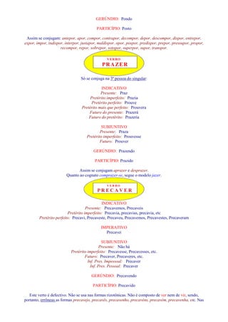 GERÚNDIO: Pondo 
PARTICÍPIO: Posto 
Assim se conjugam: antepor, apor, compor, contrapor, decompor, depor, descompor, dispor, entrepor, 
expor, impor, indispor, interpor, justapor, maldispor, opor, pospor, predispor, prepor, pressupor, propor, 
recompor, repor, sobrepor, sotopor, superpor, supor, transpor. 
VERBO 
PRAZER 
Só se conjuga na 3ª pessoa do singular: 
INDICATIVO 
Presente: Praz 
Pretérito imperfeito: Prazia 
Pretérito perfeito: Prouve 
Pretérito mais que perfeito: Prouvera 
Futuro do presente: Prazerá 
Futuro do pretérito: Prazeria 
SUBJUNTIVO 
Presente: Praza 
Pretérito imperfeito: Prouvesse 
Futuro: Prouver 
GERÚNDIO: Prazendo 
PARTICÍPIO: Prazido 
Assim se conjugam aprazer e desprazer. 
Quanto ao cognato comprazer-se, segue o modelo jazer. 
V E R B O 
P R E C A V E R 
INDICATIVO 
Presente: Precavemos, Precaveis 
Pretérito imperfeito: Precavia, precavias, precavia, etc 
Pretérito perfeito: Precavi, Precaveste, Precaveu, Precavemos, Precavestes, Precaveram 
IMPERATIVO 
Precavei 
SUBJUNTIVO 
Presente: Não há 
Pretérito imperfeito: Precavesse, Precavesses, etc. 
Futuro: Precaver, Precaveres, etc. 
Inf. Pres. Impessoal: Precaver 
Inf. Pres. Pessoal: Precaver 
GERÚNDIO: Precavendo 
PARTICÍPIO: Precavido 
Este verto é defectivo. Não se usa nas formas rizotônicas. Não é composto de ver nem de vir, sendo, 
portanto, errôneas as formas precavejo, precavês, precavenho, precavéns, precavém, precavenha, etc. Nas 
 