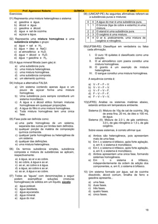 Prof. Agamenon Roberto QUÍMICA 9º ANO
18
Exercícios:
01) Representa uma mistura heterogênea o sistema:
a) gasolina e água.
b) álcool e água.
c) gasolina e álcool.
d) água e sal de cozinha.
e) açúcar e água.
02) Representa uma mistura homogênea e uma
substância simples o grupo:
a) água + sal e H2.
b) água + óleo e NaCl.
c) ar atmosférico e H2O.
d) água + álcool e H2O.
e) água + gasolina e H2.
03) A água mineral filtrada (sem gás) é:
a) uma substância pura.
b) uma mistura heterogênea.
c) uma mistura homogênea.
d) uma substância composta.
e) um elemento químico.
04) Indique a alternativa FALSA:
a) Um sistema contendo apenas água e um
pouco de açúcar forma uma mistura
homogênea.
b) Uma substância pura sempre constituirá um
sistema monofásico.
c) A água e o álcool etílico formam misturas
homogêneas em quaisquer proporções.
d) A água do filtro é uma mistura homogênea.
e) Toda mistura homogênea tem uma única
fase.
05) Fase pode ser definida como:
a) uma parte homogênea de um sistema,
separada das outras por limites bem definidos.
b) qualquer porção da matéria de composição
química conhecida.
c) qualquer parte homogênea ou heterogênea de
um sistema.
d) qualquer das definições.
e) uma mistura heterogênea.
06) Os termos substância simples, substância
composta e mistura de substâncias se aplicam,
respectivamente:
a) à água, ao ar e ao cobre.
b) ao cobre, à água e ao ar.
c) ao ar, ao cobre e à água.
d) a água, ao cobre e ao ar.
e) ao ar, à água e ao cobre.
07) Todas as “águas” com denominações a seguir
podem exemplificar soluções (misturas
homogêneas) de sólidos em um líquido, exceto:
a) água potável.
b) água destilada.
c) água açucarada.
d) água mineral.
e) água do mar.
08) (UNICAP-PE) As seguintes afirmativas referem-se
a substâncias puras e misturas:
0 0 A água do mar é uma substância pura.
1 1 O bronze (liga de cobre e estanho) é uma
mistura.
2 2 O etanol é uma substância pura.
3 3 O oxigênio é uma mistura.
4 4 O ar é, praticamente, uma mistura de
oxigênio e nitrogênio.
09)(UFSM-RS) Classifique em verdadeira ou falsa
cada afirmação.
I. O ouro 18 quilates é classificado como uma
solução.
II. O ar atmosférico com poeira constitui uma
mistura homogênea.
III. O granito é um exemplo de mistura
heterogênea.
IV. O sangue constitui uma mistura homogênea.
A sequência correta é:
a) V – F – F – V.
b) V – V – F – V.
c) V – F – V – F.
d) F – V – F – F.
e) F – V – V – V.
10)(UFRS) Analise os sistemas matérias abaixo,
estando ambos em temperatura ambiente.
Sistema (I): Mistura de 10g de sal de cozinha, 30g
de areia fina, 20 mL de óleo e 100 mL
de água.
Sistema (II): Mistura de 2,0 L de gás carbônico,
3,0 L de gás nitrogênio e 1,5 L de gás
oxigênio.
Sobre esses sistemas, é correto afirmar que:
a) Ambos são heterogêneos, pois apresentam
mais de uma fase.
b) Em I, o sistema é bifásico, após forte agitação,
e, em II, o sistema é monofásico.
c) Em I, o sistema é trifásico, após forte agitação,
e, em II, o sistema é monofásico.
d) Ambos apresentam uma única fase, formando
sistemas homogêneos.
e) Em I, o sistema é trifásico,
independentemente da ordem de adição dos
componentes, e, em II, o sistema é bifásico.
10) Um sistema formado por água, sal de cozinha
dissolvido, álcool comum, limalha de ferro e
gasolina apresenta...
a) uma fase.
b) duas fases.
c) três fases.
d) quatro fases.
e) cinco fases.
 