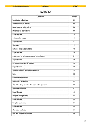 Prof. Agamenon Roberto QUÍMICA 9º ANO
2
SUMÁRIO
Conteúdo Página
Introdução à Química 03
Propriedades da matéria 05
Segurança no laboratório 08
Materiais de laboratório 09
Experiências. 14
Substâncias puras 16
Experiências 17
Misturas 17
Estados físicos da matéria 19
Experiências 20
Separando os componentes de uma mistura 21
Experiências 25
As transformações da matéria 26
Experiências. 28
Número atômico e número de massa 29
Íons 32
Comparando átomos 33
Eletrosfera do átomo 34
Classificação periódica dos elementos químicos 36
Ligações químicas 41
Experiências 45
Funções inorgânicas 45
Experiências 49
Reações químicas 51
Experiências 54
Massas e medidas 55
Leis das reações químicas 56
 