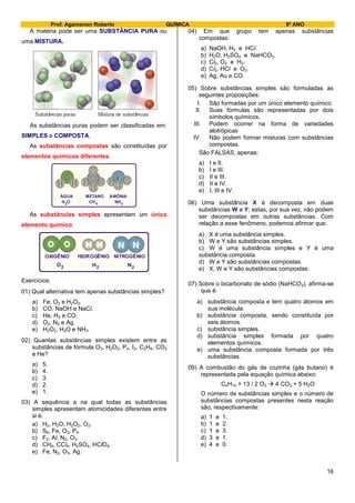 Prof. Agamenon Roberto QUÍMICA 9º ANO
16
A matéria pode ser uma SUBSTÂNCIA PURA ou
uma MISTURA.
As substâncias puras podem ser classificadas em:
SIMPLES e COMPOSTA.
As substâncias compostas são constituídas por
elementos químicos diferentes.
ÁGUA METANO AMÔNIA
H O2 34CH NH
As substâncias simples apresentam um único
elemento químico.
OXIGÊNIO HIDROGÊNIO NITROGÊNIO
NHO2 2 2
Exercícios:
01) Qual alternativa tem apenas substâncias simples?
a) Fe, O3 e H2O2.
b) CO, NaOH e NaCl.
c) He, H2 e CO.
d) O2, N2 e Ag.
e) H2O2, H2O e NH3.
02) Quantas substâncias simples existem entre as
substâncias de fórmula O3, H2O2, P4, I2, C2H4, CO2
e He?
a) 5.
b) 4.
c) 3.
d) 2.
e) 1.
03) A sequência a na qual todas as substâncias
simples apresentam atomicidades diferentes entre
si é:
a) H2, H2O, H2O2, O2.
b) S8, Fe, O2, P4.
c) F2, Al, N2, O3.
d) CH4, CCl4, H2SO4, HClO4.
e) Fe, N2, O3, Ag.
04) Em que grupo tem apenas substâncias
compostas:
a) NaOH, H2 e HCl.
b) H2O, H2SO4 e NaHCO3.
c) Cl2, O2 e H2.
d) Cl2, HCl e O2.
e) Ag, Au e CO.
05) Sobre substâncias simples são formuladas as
seguintes proposições:
I. São formadas por um único elemento químico.
II. Suas fórmulas são representadas por dois
símbolos químicos.
III. Podem ocorrer na forma de variedades
alotrópicas
IV. Não podem formar misturas com substâncias
compostas.
São FALSAS, apenas:
a) I e II.
b) I e III.
c) II e III.
d) II e IV.
e) I, III e IV.
06) Uma substância X é decomposta em duas
substâncias W e Y; estas, por sua vez, não podem
ser decompostas em outras substâncias. Com
relação a esse fenômeno, podemos afirmar que:
a) X é uma substância simples.
b) W e Y são substâncias simples.
c) W é uma substância simples e Y é uma
substância composta.
d) W e Y são substâncias compostas.
e) X, W e Y são substâncias compostas.
07) Sobre o bicarbonato de sódio (NaHCO3), afirma-se
que é:
a) substância composta e tem quatro átomos em
sua molécula.
b) substância composta, sendo constituída por
seis átomos.
c) substância simples.
d) substância simples formada por quatro
elementos químicos.
e) uma substância composta formada por três
substâncias.
09) A combustão do gás de cozinha (gás butano) é
representada pela equação química abaixo:
C4H10 + 13 / 2 O2  4 CO2 + 5 H2O
O número de substâncias simples e o número de
substâncias compostas presentes nesta reação
são, respectivamente:
a) 1 e 1.
b) 1 e 2.
c) 1 e 3.
d) 3 e 1.
e) 4 e 0.
 