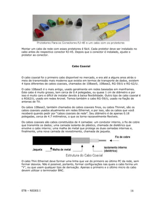 Montar um cabo de rede com esses protetores é fácil. Cada protetor deve ser instalado no
cabo antes do respectivo conector RJ-45. Depois que o conector é instalado, ajuste o
protetor ao conector.



                                         Cabo Coaxial



O cabo coaxial foi o primeiro cabo disponível no mercado, e era até a alguns anos atrás o
meio de transmissão mais moderno que existia em termos de transporte de dados, existem
4 tipos diferentes de cabos coaxiais, chamados de 10Base5, 10Base2, RG-59/U e RG-62/U.

O cabo 10Base5 é o mais antigo, usado geralmente em redes baseadas em mainframes.
Este cabo é muito grosso, tem cerca de 0.4 polegadas, ou quase 1 cm de diâmetro e por
isso é muito caro e difícil de instalar devido à baixa flexibilidade. Outro tipo de cabo coaxial é
o RG62/U, usado em redes Arcnet. Temos também o cabo RG-59/U, usado na fiação de
antenas de TV.

Os cabos 10Base2, também chamados de cabos coaxiais finos, ou cabos Thinnet, são os
cabos coaxiais usados atualmente em redes Ethernet, e por isso, são os cabos que você
receberá quando pedir por “cabos coaxiais de rede”. Seu diâmetro é de apenas 0.18
polegadas, cerca de 4.7 milímetros, o que os torna razoavelmente flexíveis.

Os cabos coaxiais são cabos constituídos de 4 camadas: um condutor interno, o fio de cobre
que transmite os dados; uma camada isolante de plástico, chamada de dielétrico que
envolve o cabo interno; uma malha de metal que protege as duas camadas internas e,
finalmente, uma nova camada de revestimento, chamada de jaqueta.




O cabo Thin Ethernet deve formar uma linha que vai do primeiro ao último PC da rede, sem
formar desvios. Não é possível, portanto, formar configurações nas quais o cabo forma um
“Y”, ou que usem qualquer tipo de derivação. Apenas o primeiro e o último micro do cabo
devem utilizar o terminador BNC.




ETB – REDES I                                                                            18
 