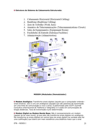 Estrutura do Sistema de Cabeamento Estruturado:




                        MODEM (Modulador/Demodulador)



  Modem Analógico: Transforma sinais digitais (aquele que o computador entende -
sinais binários: zero e um) em analógicos (aqueles que são passíveis de transmissão
em uma linha de comunicação) e vice e versa. É padronizado pelo CCITT (Comitê
Consultivo Internacional de Telefonia e Telegrafia) e é usado em comunicações de
longas distâncias. Taxa de transmissão é pré–determinada.

  Modem Digital ou Modem Banda Base: Não é necessariamente um modem
(apesar de ter esse nome), já que este não transforma sinais digitais em analógicos.
Ele transforma os sinais digitais em outros tipos de sinais digital (na verdade este faz
uma codificação) que tolera com mais resistência uma distância maior que o sinal

ETB – REDES I                                                                          25
 