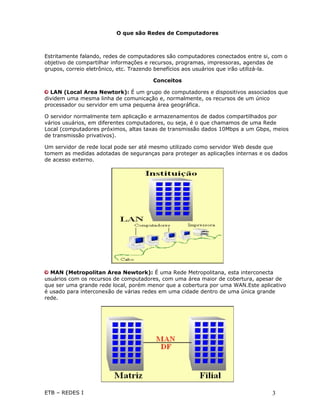 O que são Redes de Computadores



Estritamente falando, redes de computadores são computadores conectados entre si, com o
objetivo de compartilhar informações e recursos, programas, impressoras, agendas de
grupos, correio eletrônico, etc. Trazendo benefícios aos usuários que irão utilizá-la.

                                      Conceitos

  LAN (Local Area Newtork): É um grupo de computadores e dispositivos associados que
dividem uma mesma linha de comunicação e, normalmente, os recursos de um único
processador ou servidor em uma pequena área geográfica.

O servidor normalmente tem aplicação e armazenamentos de dados compartilhados por
vários usuários, em diferentes computadores, ou seja, é o que chamamos de uma Rede
Local (computadores próximos, altas taxas de transmissão dados 10Mbps a um Gbps, meios
de transmissão privativos).

Um servidor de rede local pode ser até mesmo utilizado como servidor Web desde que
tomem as medidas adotadas de seguranças para proteger as aplicações internas e os dados
de acesso externo.




  MAN (Metropolitan Area Newtork): É uma Rede Metropolitana, esta interconecta
usuários com os recursos de computadores, com uma área maior de cobertura, apesar de
que ser uma grande rede local, porém menor que a cobertura por uma WAN.Este aplicativo
é usado para interconexão de várias redes em uma cidade dentro de uma única grande
rede.




ETB – REDES I                                                                    3
 