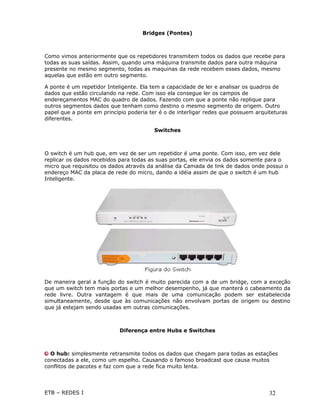 Bridges (Pontes)



Como vimos anteriormente que os repetidores transmitem todos os dados que recebe para
todas as suas saídas. Assim, quando uma máquina transmite dados para outra máquina
presente no mesmo segmento, todas as maquinas da rede recebem esses dados, mesmo
aquelas que estão em outro segmento.

A ponte é um repetidor Inteligente. Ela tem a capacidade de ler e analisar os quadros de
dados que estão circulando na rede. Com isso ela consegue ler os campos de
endereçamentos MAC do quadro de dados. Fazendo com que a ponte não replique para
outros segmentos dados que tenham como destino o mesmo segmento de origem. Outro
papel que a ponte em principio poderia ter é o de interligar redes que possuem arquiteturas
diferentes.

                                         Switches



O switch é um hub que, em vez de ser um repetidor é uma ponte. Com isso, em vez dele
replicar os dados recebidos para todas as suas portas, ele envia os dados somente para o
micro que requisitou os dados através da análise da Camada de link de dados onde possui o
endereço MAC da placa de rede do micro, dando a idéia assim de que o switch é um hub
Inteligente.




De maneira geral a função do switch é muito parecida com a de um bridge, com a exceção
que um switch tem mais portas e um melhor desempenho, já que manterá o cabeamento da
rede livre. Outra vantagem é que mais de uma comunicação podem ser estabelecida
simultaneamente, desde que às comunicações não envolvam portas de origem ou destino
que já estejam sendo usadas em outras comunicações.



                            Diferença entre Hubs e Switches



  O hub: simplesmente retransmite todos os dados que chegam para todas as estações
conectadas a ele, como um espelho. Causando o famoso broadcast que causa muitos
conflitos de pacotes e faz com que a rede fica muito lenta.




ETB – REDES I                                                                       32
 