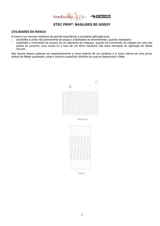 ETEC PROFº. BASILIDES DE GODOY
UTILIDADES DA ROSCA
A rosca é um recurso mecânico de grande importância e constante aplicação pois:
- possibilita a união não permanente de peças e a facilidade de desmontá-las, quando necessário.
- possibilita o movimento de avanço de um elemento de máquina, quando há movimento de rotação em uma das
partes do conjunto; uma morsa ou o fuso de um tôrno mecânico são bons exemplos da aplicação do desse
recurso.
Nas figuras abaixo pode-se ver respectivamente a rosca externa de um parafuso e a rosca interna de uma porca,
ambos de filetes quadrados, onde é visível a superfície cilíndrica na qual se desenvolve o filete.
2
P
P A R A F U S O
P O R C A
 