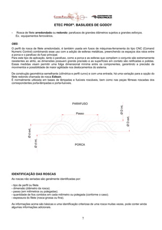 ETEC PROFº. BASILIDES DE GODOY
- Rosca de filete arredondado ou redondo: parafusos de grandes diâmetros sujeitos a grandes esforços.
Ex.: equipamentos ferroviários.
OBS:
O perfil da rosca de filete arredondado, é também usada em fusos de máquinas-ferramenta do tipo CNC (Comand
Numeric Control) combinando esse uso com a adição de esferas metálicas, preenchendo os espaços dos raios entre
a porca e o parafuso do fuso principal.
Para este tipo de aplicação, tanto o parafuso, como a porca e as esferas que compõem o conjunto são extremamente
resistentes ao atrito, as dimensões possuem grande precisão e as superfícies em contato são retificadas e polidas.
Essas medidas visam permitir uma folga dimensional mínima entre os componentes, garantindo a precisão de
movimentos e possibilidade de maior agilidade nos deslocamentos do sistema.
De construção geométrica semelhante (cilíndrica e perfil curvo) e com uma entrada, há uma variação para a opção do
filete redondo chamada de rosca Edison.
È normalmente utilizada em bases de lâmpadas e fusíveis roscáveis, bem como nas peças fêmeas roscadas dos
correspondentes porta-lâmpadas e porta-fusíveis.
IDENTIFICAÇÃO DAS ROSCAS
As roscas não seriadas são geralmente identificadas por:
- tipo de perfil ou filete.
- dimensão (diâmetro da rosca).
- passo (em milímetros ou polegadas).
- quantidade de fios contidos em cada milímetro ou polegada (conforme o caso).
- espessura do filete (rosca grossa ou fina).
As informações acima são básicas e uma identificação criteriosa de uma rosca muitas vezes, pode conter ainda
algumas informações adicionais.
7
PORCA
PARAFUSO
Passo
Ø
d
ext.
Ø
d
int.
Ø
D
ext.
Ø
D
int.
 
