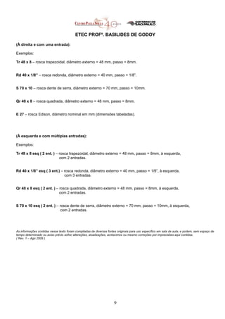 ETEC PROFº. BASILIDES DE GODOY
(À direita e com uma entrada):
Exemplos:
Tr 48 x 8 – rosca trapezoidal, diâmetro externo = 48 mm, passo = 8mm.
Rd 40 x 1/8” – rosca redonda, diâmetro externo = 40 mm, passo = 1/8”.
S 70 x 10 – rosca dente de serra, diâmetro externo = 70 mm, passo = 10mm.
Qr 48 x 8 – rosca quadrada, diâmetro externo = 48 mm, passo = 8mm.
E 27 – rosca Edison, diâmetro nominal em mm (dimensões tabeladas).
(À esquerda e com múltiplas entradas):
Exemplos:
Tr 48 x 8 esq ( 2 ent. ) – rosca trapezoidal, diâmetro externo = 48 mm, passo = 8mm, à esquerda,
com 2 entradas.
Rd 40 x 1/8” esq ( 3 ent.) – rosca redonda, diâmetro externo = 40 mm, passo = 1/8”, à esquerda,
com 3 entradas.
Qr 48 x 8 esq ( 2 ent. ) – rosca quadrada, diâmetro externo = 48 mm, passo = 8mm, à esquerda,
com 2 entradas.
S 70 x 10 esq ( 2 ent. ) – rosca dente de serra, diâmetro externo = 70 mm, passo = 10mm, à esquerda,
com 2 entradas.
As informações contidas nesse texto foram compiladas de diversas fontes originais para uso específico em sala de aula, e podem, sem espaço de
tempo determinado ou aviso prévio sofrer alterações, atualizações, acréscimos ou mesmo correções por imprecisões aqui contidas.
( Rev. 1 – Ago 2009 ).
9
 
