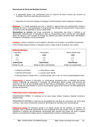 ____________________________________________________________________________________________________________
TGA - TEORIA GERAL DA ADMINISTRAÇÃO Prof.: Cláudio de Almeida Fernandes 32
Decorrências da Teoria das Relações Humanas
• A organização passa a ser considerada como um conjunto de seres humanos que carecem de
motivação, incentivos e estímulos para produzirem.
• Surgimento de novas terminologias na linguagem da administração, fatores intangíveis e subjetivos:
Motivação : é a tensão persistente que leva o indivíduo a alguma forma de comportamento visando a
satisfação de uma ou mais necessidades. A compreensão da motivação do comportamento humano exige o
conhecimento das necessidades humanas fundamentais.
Necessidades ou motivos: são forças conscientes ou inconscientes que levam o indivíduo a um
determinado comportamento. A motivação se refere ao comportamento que é causado por necessidades
dentro do indivíduo e que é dirigido em direção aos objetivos que podem satisfazer essas necessidades (
Fisiológicas; Psicológicas e de Auto-realização)
Liderança : conduzir as pessoas rumo ao objetivo, utilizando a comunicação e as questões motivacionais.
O administrador precisa conhecer a motivação humana e saber conduzir as pessoas, isto é, liderar.
Estilos de liderança:
* autocrática * democrática * liberal (laissez-faire)
Líder Líder Líder
Subordinado Subordinado Subordinado
Ênfase no Líder Ênfase no líder e subordinados Ênfase nos subordinados
• Liderança autocrática => o líder define e impõe
• Liderança democrática => o grupo é quem decide
• Liderança liberal ou laissez-faire => consenso grupal, sem ou com um mínimo de participação do líder.
Comunicação: é oferecer a informação e a compreensão necessárias para a realização das tarefas,
visando a obtenção da cooperação e motivação. Os subordinados devem receber continuamente dos
superiores um fluxo de comunicações capaz de suprir-lhes as necessidades. Por outro lado, os superiores
devem receber dos subordinados um fluxo de comunicações capaz de lhes oferecer uma idéia adequada do
que está acontecendo.
Organização formal e organização informal:
ORGANIZAÇÃO FORMAL a empresa com os seus cargos, tarefas, hierarquia, relações funcionais e
departamentos.
ORGANIZAÇÃO INFORMAL origina-se da necessidade dos indivíduos de conviverem com outros seres
humanos, o que ocorre naturalmente, através de identificação de interesses entre os participantes.
Dinâmica de Grupo: Os processos grupais e os hábitos sociais não são estáticos; ao contrário, são
processos vivos e dinâmicos decorrentes de uma constelação de forças causais. Como a mudança ou a
resistência à mudança são grandemente influenciadas pela natureza dos grupos aos quais a pessoa
pertence, as tentativas de mudança devem necessariamente considerar a dinâmica de grupo.
 