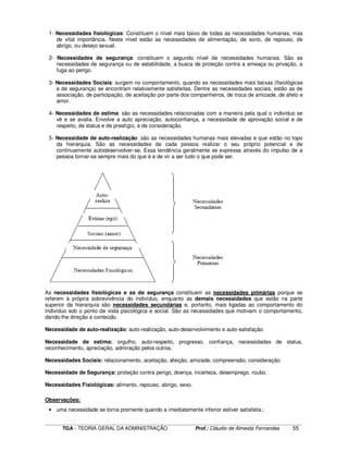 ____________________________________________________________________________________________________________
TGA - TEORIA GERAL DA ADMINISTRAÇÃO Prof.: Cláudio de Almeida Fernandes 55
1- Necessidades fisiológicas: Constituem o nível mais baixo de todas as necessidades humanas, mas
de vital importância. Neste nível estão as necessidades de alimentação, de sono, de repouso, de
abrigo, ou desejo sexual.
2- Necessidades de segurança: constituem o segundo nível de necessidades humanas. São as
necessidades de segurança ou de estabilidade, a busca de proteção contra a ameaça ou privação, a
fuga ao perigo.
3- Necessidades Sociais: surgem no comportamento, quando as necessidades mais baixas (fisiológicas
e de segurança) se encontram relativamente satisfeitas. Dentre as necessidades sociais, estão as de
associação, de participação, de aceitação por parte dos companheiros, de troca de amizade, de afeto e
amor.
4- Necessidades de estima: são as necessidades relacionadas com a maneira pela qual o indivíduo se
vê e se avalia. Envolve a auto apreciação, autoconfiança, a necessidade de aprovação social e de
respeito, de status e de prestígio, e de consideração.
5- Necessidade de auto-realização: são as necessidades humanas mais elevadas e que estão no topo
da hierarquia. São as necessidades de cada pessoa realizar o seu próprio potencial e de
continuamente autodesenvolver-se. Essa tendência geralmente se expressa através do impulso de a
pessoa tornar-se sempre mais do que é e de vir a ser tudo o que pode ser.
As necessidades fisiológicas e as de segurança constituem as necessidades primárias porque se
referem à própria sobrevivência do indivíduo, enquanto as demais necessidades que estão na parte
superior da hierarquia são necessidades secundárias e, portanto, mais ligadas ao comportamento do
indivíduo sob o ponto de vista psicológica e social. São as necessidades que motivam o comportamento,
dando-lhe direção e conteúdo.
Necessidade de auto-realização: auto-realização, auto-desenvolvimento e auto-satisfação.
Necessidade de estima: orgulho, auto-respeito, progresso, confiança, necessidades de status,
reconhecimento, apreciação, admiração pelos outros.
Necessidades Sociais: relacionamento, aceitação, afeição, amizade, compreensão, consideração.
Necessidade de Segurança: proteção contra perigo, doença, incerteza, desemprego, roubo.
Necessidades Fisiológicas: alimento, repouso, abrigo, sexo.
Observações:
• uma necessidade se torna premente quando a imediatamente inferior estiver satisfeita.;
 