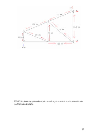 41
11º) Calcule as reações de apoio e as forças normais nas barras através
do Método dos Nós.
 