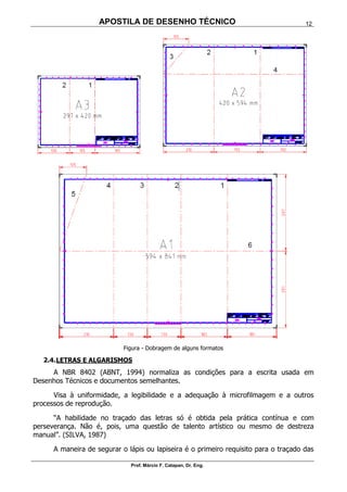 APOSTILA DE DESENHO TÉCNICO
Prof. Márcio F. Catapan, Dr. Eng.
12
Figura - Dobragem de alguns formatos
2.4.LETRAS E ALGARISMOS
A NBR 8402 (ABNT, 1994) normaliza as condições para a escrita usada em
Desenhos Técnicos e documentos semelhantes.
Visa à uniformidade, a legibilidade e a adequação à microfilmagem e a outros
processos de reprodução.
“A habilidade no traçado das letras só é obtida pela prática contínua e com
perseverança. Não é, pois, uma questão de talento artístico ou mesmo de destreza
manual”. (SILVA, 1987)
A maneira de segurar o lápis ou lapiseira é o primeiro requisito para o traçado das
 