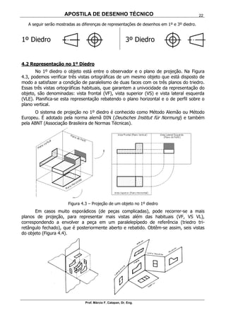 APOSTILA DE DESENHO TÉCNICO
Prof. Márcio F. Catapan, Dr. Eng.
22
A seguir serão mostradas as diferenças de representações de desenhos em 1º e 3º diedro.
1º Diedro 3º Diedro
4.2 Representação no 1º Diedro
No 1º diedro o objeto está entre o observador e o plano de projeção. Na Figura
4.3, podemos verificar três vistas ortográficas de um mesmo objeto que está disposto de
modo a satisfazer a condição de paralelismo de duas faces com os três planos do triedro.
Essas três vistas ortográficas habituais, que garantem a univocidade da representação do
objeto, são denominadas: vista frontal (VF), vista superior (VS) e vista lateral esquerda
(VLE). Planifica-se esta representação rebatendo o plano horizontal e o de perfil sobre o
plano vertical.
O sistema de projeção no 1º diedro é conhecido como Método Alemão ou Método
Europeu. É adotado pela norma alemã DIN (Deutsches Institut für Normung) e também
pela ABNT (Associação Brasileira de Normas Técnicas).
Figura 4.3 – Projeção de um objeto no 1º diedro
Em casos muito esporádicos (de peças complicadas), pode recorrer-se a mais
planos de projeção, para representar mais vistas além das habituais (VF, VS VL),
correspondendo a envolver a peça em um paralelepípedo de referência (triedro tri-
retângulo fechado), que é posteriormente aberto e rebatido. Obtêm-se assim, seis vistas
do objeto (Figura 4.4).
 