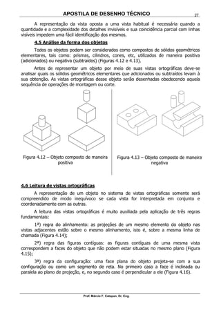 APOSTILA DE DESENHO TÉCNICO
Prof. Márcio F. Catapan, Dr. Eng.
27
A representação da vista oposta a uma vista habitual é necessária quando a
quantidade e a complexidade dos detalhes invisíveis e sua coincidência parcial com linhas
visíveis impedem uma fácil identificação dos mesmos.
4.5 Análise da forma dos objetos
Todos os objetos podem ser considerados como compostos de sólidos geométricos
elementares, tais como: prismas, cilindros, cones, etc, utilizados de maneira positiva
(adicionados) ou negativa (subtraídos) (Figuras 4.12 e 4.13).
Antes de representar um objeto por meio de suas vistas ortográficas deve-se
analisar quais os sólidos geométricos elementares que adicionados ou subtraídos levam à
sua obtenção. As vistas ortográficas desse objeto serão desenhadas obedecendo aquela
sequência de operações de montagem ou corte.
Figura 4.12 – Objeto composto de maneira
positiva
Figura 4.13 – Objeto composto de maneira
negativa
4.6 Leitura de vistas ortográficas
A representação de um objeto no sistema de vistas ortográficas somente será
compreendido de modo inequívoco se cada vista for interpretada em conjunto e
coordenadamente com as outras.
A leitura das vistas ortográficas é muito auxiliada pela aplicação de três regras
fundamentais:
1ª) regra do alinhamento: as projeções de um mesmo elemento do objeto nas
vistas adjacentes estão sobre o mesmo alinhamento, isto é, sobre a mesma linha de
chamada (Figura 4.14);
2ª) regra das figuras contíguas: as figuras contíguas de uma mesma vista
correspondem a faces do objeto que não podem estar situadas no mesmo plano (Figura
4.15);
3ª) regra da configuração: uma face plana do objeto projeta-se com a sua
configuração ou como um segmento de reta. No primeiro caso a face é inclinada ou
paralela ao plano de projeção, e, no segundo caso é perpendicular a ele (Figura 4.16).
 