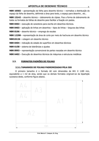 APOSTILA DE DESENHO TÉCNICO
Prof. Márcio F. Catapan, Dr. Eng.
8
NBR 10582 – apresentação da folha para desenho técnico – normaliza a distribuição do
espaço da folha de desenho, definindo a área para texto, o espaço para desenho , etc..
NBR 13142 – desenho técnico – dobramento de cópias. Fixa a forma de dobramento de
todos os formatos de folhas de desenho para facilitar a fixação em pastas.
NBR 8402 – execução de caracteres para escrita em desenhos técnicos.
NBR 8403 – aplicação de linhas em desenhos – tipos de linhas – larguras das linhas
NBR 8196 – desenho técnico – emprego de escalas
NBR 12298 – representação de área de corte por meio de hachuras em desenho técnico
NBR10126 – cotagem em desenho técnico
NBR 8404 – indicação do estado de superfície em desenhos técnicos
NBR 6158 – sistema de tolerâncias e ajustes
NBR 8993 – representação convencional de partes roscadas em desenho técnico
NBR 6402 – Execução de desenhos técnicos de máquinas e estruturas metálicas
2.3. FORMATOS PADRÕES DE FOLHAS
2.3.1.TAMANHOS DE FOLHAS PADRONIZADAS PELA ISO
O primeiro tamanho é o formato A0 com dimensões de 841 X 1189 mm,
equivalente a 1 m2 de área, sendo que os demais formatos originam-se da bipartição
sucessiva deste, conforme figura abaixo.
 