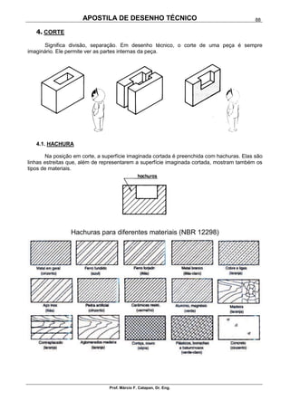 APOSTILA DE DESENHO TÉCNICO
Prof. Márcio F. Catapan, Dr. Eng.
88
4. CORTE
Significa divisão, separação. Em desenho técnico, o corte de uma peça é sempre
imaginário. Ele permite ver as partes internas da peça.
4.1. HACHURA
Na posição em corte, a superfície imaginada cortada é preenchida com hachuras. Elas são
linhas estreitas que, além de representarem a superfície imaginada cortada, mostram também os
tipos de materiais.
Hachuras para diferentes materiais (NBR 12298)
 