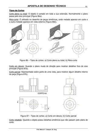 APOSTILA DE DESENHO TÉCNICO
Prof. Márcio F. Catapan, Dr. Eng.
93
Tipos de Cortes
Corte pleno ou total: O objeto é cortado em toda a sua extensão. Normalmente o plano
passa pelo eixo principal (Figura 86a).
Meio-corte: É utilizado no desenho de peças simétricas, onde metade aparece em corte e
a outra metade aparece em vista externa (Figura 86b).
Figura 86 – Tipos de cortes: a) Corte pleno ou total; b) Meio-corte
Corte em desvio: Quando o plano muda de direção para mostrar detalhes fora do eixo
principal (Figura 87a).
Corte parcial: Representado sobre parte de uma vista, para mostrar algum detalhe interno
da peça (Figura 87b).
Figura 87 – Tipos de cortes: a) Corte em desvio; b) Corte parcial
Corte rebatido: Quando o objeto possui detalhes simétricos que não passam pelo plano de
corte.
 