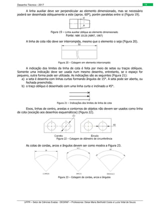Desenho Técnico - 2017
UFPR – Setor de Ciências Exatas - DEGRAF – Professoras: Deise Maria Bertholdi Costa e Luzia Vidal de Souza
14
A linha auxiliar deve ser perpendicular ao elemento dimensionado, mas se necessário
poderá ser desenhada obliquamente a este (aprox. 60º), porém paralelas entre si (Figura 19).
Figura 19 – Linha auxiliar oblíqua ao elemento dimensionado
Fonte: NBR 10126 (ABNT, 1987)
A linha de cota não deve ser interrompida, mesmo que o elemento o seja (Figura 20).
Figura 20 – Cotagem em elemento interrompido
A indicação dos limites da linha de cota é feita por meio de setas ou traços oblíquos.
Somente uma indicação deve ser usada num mesmo desenho, entretanto, se o espaço for
pequeno, outra forma pode ser utilizada. As indicações são as seguintes (Figura 21):
a) a seta é desenha com linhas curtas formando ângulos de 15°. A seta pode ser aberta, ou
fechada preenchida;
b) o traço oblíquo é desenhado com uma linha curta e inclinado a 45°.
Figura 21 – Indicações dos limites de linha de cota
Eixos, linhas de centro, arestas e contornos de objetos não devem ser usados como linha
de cota (exceção aos desenhos esquemáticos) (Figura 22).
Figura 22 – Cotagem de diâmetro de circunferência
As cotas de cordas, arcos e ângulos devem ser como mostra a Figura 23.
Figura 23 – Cotagem de cordas, arcos e ângulos
 