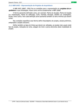 Desenho Técnico - 2017
UFPR – Setor de Ciências Exatas - DEGRAF – Professoras: Deise Maria Bertholdi Costa e Luzia Vidal de Souza
18
3.11 NBR 6492 - Representação de Projetos de Arquitetura
A NBR 6492 (ABNT, 1994) fixa as condições para a representação em projetos de ar-
quitetura e suas simbologias. Possui como norma complementar a NBR 10068.
A Norma apresenta definições como, por exemplo: Planta de situação, Planta de locação
(ou implantação), Planta de edificação, Corte, Fachada, Elevação, Detalhe (ou ampliações),
Escala, entre outros. Para cada definição acima apresenta também os itens mínimos que devem
conter.
Nas condições específicas essa Norma define fase/objetivo do projeto, estudo preliminar,
anteprojeto e projeto executivo.
Define também os tipos de linhas que devem ser utilizadas, as escalas mais usuais neste
tipo de projeto, indicações de norte, cotagem de nível e outros elementos desta modalidade de
projeto.
 