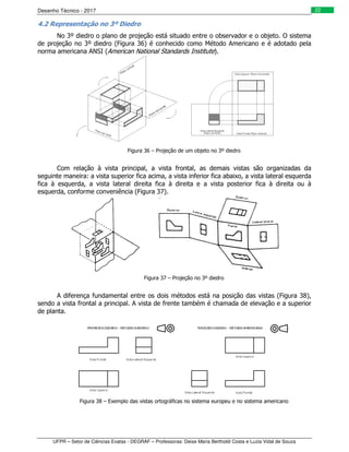 Desenho Técnico - 2017
UFPR – Setor de Ciências Exatas - DEGRAF – Professoras: Deise Maria Bertholdi Costa e Luzia Vidal de Souza
22
4.2 Representação no 3º Diedro
No 3º diedro o plano de projeção está situado entre o observador e o objeto. O sistema
de projeção no 3º diedro (Figura 36) é conhecido como Método Americano e é adotado pela
norma americana ANSI (American National Standards Institute).
Figura 36 – Projeção de um objeto no 3º diedro
Com relação à vista principal, a vista frontal, as demais vistas são organizadas da
seguinte maneira: a vista superior fica acima, a vista inferior fica abaixo, a vista lateral esquerda
fica à esquerda, a vista lateral direita fica à direita e a vista posterior fica à direita ou à
esquerda, conforme conveniência (Figura 37).
Figura 37 – Projeção no 3º diedro
A diferença fundamental entre os dois métodos está na posição das vistas (Figura 38),
sendo a vista frontal a principal. A vista de frente também é chamada de elevação e a superior
de planta.
Figura 38 – Exemplo das vistas ortográficas no sistema europeu e no sistema americano
 
