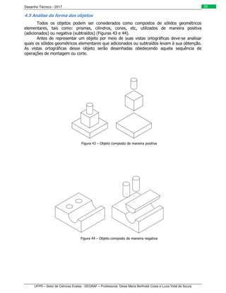 Desenho Técnico - 2017
UFPR – Setor de Ciências Exatas - DEGRAF – Professoras: Deise Maria Bertholdi Costa e Luzia Vidal de Souza
26
4.5 Análise da forma dos objetos
Todos os objetos podem ser considerados como compostos de sólidos geométricos
elementares, tais como: prismas, cilindros, cones, etc, utilizados de maneira positiva
(adicionados) ou negativa (subtraídos) (Figuras 43 e 44).
Antes de representar um objeto por meio de suas vistas ortográficas deve-se analisar
quais os sólidos geométricos elementares que adicionados ou subtraídos levam à sua obtenção.
As vistas ortográficas desse objeto serão desenhadas obedecendo aquela sequência de
operações de montagem ou corte.
Figura 43 – Objeto composto de maneira positiva
Figura 44 – Objeto composto de maneira negativa
 