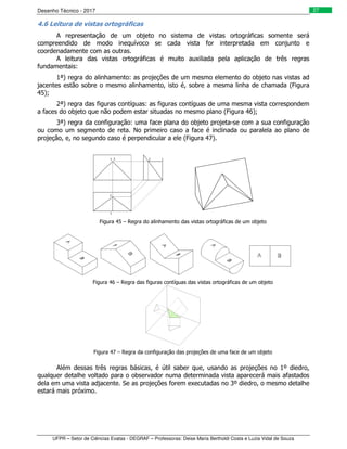 Desenho Técnico - 2017
UFPR – Setor de Ciências Exatas - DEGRAF – Professoras: Deise Maria Bertholdi Costa e Luzia Vidal de Souza
27
4.6 Leitura de vistas ortográficas
A representação de um objeto no sistema de vistas ortográficas somente será
compreendido de modo inequívoco se cada vista for interpretada em conjunto e
coordenadamente com as outras.
A leitura das vistas ortográficas é muito auxiliada pela aplicação de três regras
fundamentais:
1ª) regra do alinhamento: as projeções de um mesmo elemento do objeto nas vistas ad
jacentes estão sobre o mesmo alinhamento, isto é, sobre a mesma linha de chamada (Figura
45);
2ª) regra das figuras contíguas: as figuras contíguas de uma mesma vista correspondem
a faces do objeto que não podem estar situadas no mesmo plano (Figura 46);
3ª) regra da configuração: uma face plana do objeto projeta-se com a sua configuração
ou como um segmento de reta. No primeiro caso a face é inclinada ou paralela ao plano de
projeção, e, no segundo caso é perpendicular a ele (Figura 47).
Figura 45 – Regra do alinhamento das vistas ortográficas de um objeto
Figura 46 – Regra das figuras contíguas das vistas ortográficas de um objeto
Figura 47 – Regra da configuração das projeções de uma face de um objeto
Além dessas três regras básicas, é útil saber que, usando as projeções no 1º diedro,
qualquer detalhe voltado para o observador numa determinada vista aparecerá mais afastados
dela em uma vista adjacente. Se as projeções forem executadas no 3º diedro, o mesmo detalhe
estará mais próximo.
 
