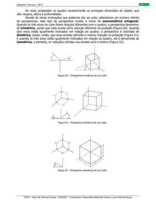 Desenho Técnico - 2017
UFPR – Setor de Ciências Exatas - DEGRAF – Professoras: Deise Maria Bertholdi Costa e Luzia Vidal de Souza
41
Os eixos projetados no quadro caracterizarão as principais dimensões do objeto, que
são: largura, altura e profundidade.
Devido às várias inclinações que podemos dar ao cubo, obteríamos um número infinito
de perspectivas, este tipo de perspectiva recebe o nome de axonométrica ortogonal.
Quando os três eixos do cubo fazem ângulos diferentes com o quadro, a perspectiva denomina-
se trimétrica, sendo que cada aresta sofre redução diferente na projeção (Figura 50). Quando
dois eixos estão igualmente inclinados em relação ao quadro, a perspectiva é chamada de
dimétrica, sendo, então, que duas arestas sofrerão a mesma redução na projeção (Figura 51).
E quando os três eixos estão igualmente inclinados em relação ao quadro, ela é denominda de
isométrica, e portanto, as reduções sofridas nas arestas será a mesma (Figura 52).
Figura 50 – Perspectiva trimétrica de um cubo
Figura 51 - Perspectiva dimétrica de um cubo
Figura 52 - Perspectiva isométrica de um cubo
 