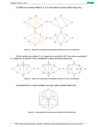Desenho Técnico - 2017
UFPR – Setor de Ciências Exatas - DEGRAF – Professoras: Deise Maria Bertholdi Costa e Luzia Vidal de Souza
46
2) Obtêm-se os pontos médios E, F, G e H dos lados do losango ABCD (Figura 61).
Figura 61 - Etapa 2 da construção da perspectiva isométrica de uma circunferência
3) Com centros nos vértices C e A, traçam-se os arcos HE e GF. Com centro nos pontos I
e J, traçam-se os arcos EF e HG, completando a elipse isométrica (Figura 62).
Figura 62 - Etapa 3 da construção da perspectiva isométrica de uma circunferência
O procedimento é o mesmo qualquer que seja o plano utilizado (Figura 63).
Figura 63 – Representação da perspectiva isométrica de circunferências
 
