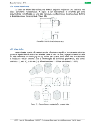 Desenho Técnico - 2017
UFPR – Setor de Ciências Exatas - DEGRAF – Professoras: Deise Maria Bertholdi Costa e Luzia Vidal de Souza
59
6.4 Vistas de Detalhe
As vistas de detalhe são usadas para destacar pequenas regiões de uma vista que não
estão claramente representadas. A região a ser representada é envolvida por uma
circunferência e identificada por uma letra maiúscula. A vista ampliada é acompanhada da letra
e da escala em que é representada (Figura 69).
Figura 69 – Vista de detalhe de uma peça
6.5 Vista Única
Determinados objetos não necessitam das três vistas ortográficas normalmente utilizadas
para que fiquem completamente esclarecidos todos os seus detalhes, seja pela sua simplicidade
ou pela simetria de sua forma (Figura 70). Porém, para que se possa omitir uma ou duas vistas
é necessário utilizar símbolos para a identificação de elementos geométricos, tais como:
diâmetro ( ), raio (R), quadrado (□), diâmetro esférico ( ESF) e raio esférico ( ESF).
Figura 70 – Convenções em representações em vista única
 
