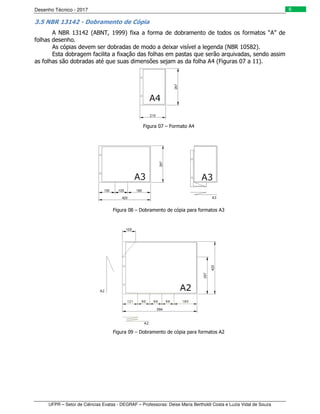 Desenho Técnico - 2017
UFPR – Setor de Ciências Exatas - DEGRAF – Professoras: Deise Maria Bertholdi Costa e Luzia Vidal de Souza
6
3.5 NBR 13142 - Dobramento de Cópia
A NBR 13142 (ABNT, 1999) fixa a forma de dobramento de todos os formatos “A” de
folhas desenho.
As cópias devem ser dobradas de modo a deixar visível a legenda (NBR 10582).
Esta dobragem facilita a fixação das folhas em pastas que serão arquivadas, sendo assim
as folhas são dobradas até que suas dimensões sejam as da folha A4 (Figuras 07 a 11).
Figura 07 – Formato A4
Figura 08 – Dobramento de cópia para formatos A3
Figura 09 – Dobramento de cópia para formatos A2
 