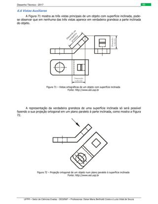 Desenho Técnico - 2017
UFPR – Setor de Ciências Exatas - DEGRAF – Professoras: Deise Maria Bertholdi Costa e Luzia Vidal de Souza
60
6.6 Vistas Auxiliares
A Figura 71 mostra as três vistas principais de um objeto com superfície inclinada, pode-
se observar que em nenhuma das três vistas aparece em verdadeira grandeza a parte inclinada
do objeto.
Figura 71 – Vistas ortográficas de um objeto com superfície inclinada
Fonte: http://www.eel.usp.br
A representação da verdadeira grandeza de uma superfície inclinada só será possível
fazendo a sua projeção ortogonal em um plano paralelo à parte inclinada, como mostra a Figura
72.
Figura 72 – Projeção ortogonal de um objeto num plano paralelo à superfície inclinada
Fonte: http://www.eel.usp.br
 