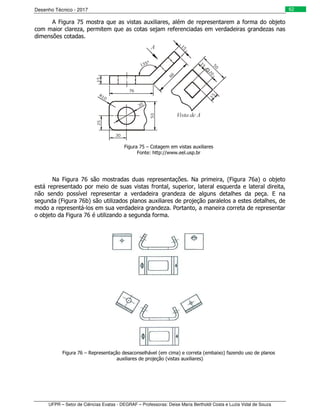 Desenho Técnico - 2017
UFPR – Setor de Ciências Exatas - DEGRAF – Professoras: Deise Maria Bertholdi Costa e Luzia Vidal de Souza
62
A Figura 75 mostra que as vistas auxiliares, além de representarem a forma do objeto
com maior clareza, permitem que as cotas sejam referenciadas em verdadeiras grandezas nas
dimensões cotadas.
Figura 75 – Cotagem em vistas auxiliares
Fonte: http://www.eel.usp.br
Na Figura 76 são mostradas duas representações. Na primeira, (Figura 76a) o objeto
está representado por meio de suas vistas frontal, superior, lateral esquerda e lateral direita,
não sendo possível representar a verdadeira grandeza de alguns detalhes da peça. E na
segunda (Figura 76b) são utilizados planos auxiliares de projeção paralelos a estes detalhes, de
modo a representá-los em sua verdadeira grandeza. Portanto, a maneira correta de representar
o objeto da Figura 76 é utilizando a segunda forma.
Figura 76 – Representação desaconselhável (em cima) e correta (embaixo) fazendo uso de planos
auxiliares de projeção (vistas auxiliares)
 