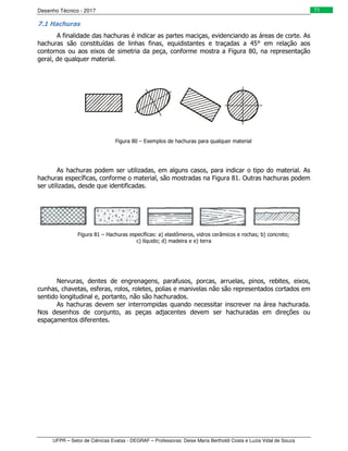Desenho Técnico - 2017
UFPR – Setor de Ciências Exatas - DEGRAF – Professoras: Deise Maria Bertholdi Costa e Luzia Vidal de Souza
71
7.1 Hachuras
A finalidade das hachuras é indicar as partes maciças, evidenciando as áreas de corte. As
hachuras são constituídas de linhas finas, equidistantes e traçadas a 45° em relação aos
contornos ou aos eixos de simetria da peça, conforme mostra a Figura 80, na representação
geral, de qualquer material.
Figura 80 – Exemplos de hachuras para qualquer material
As hachuras podem ser utilizadas, em alguns casos, para indicar o tipo do material. As
hachuras específicas, conforme o material, são mostradas na Figura 81. Outras hachuras podem
ser utilizadas, desde que identificadas.
Figura 81 – Hachuras específicas: a) elastômeros, vidros cerâmicos e rochas; b) concreto;
c) líquido; d) madeira e e) terra
Nervuras, dentes de engrenagens, parafusos, porcas, arruelas, pinos, rebites, eixos,
cunhas, chavetas, esferas, rolos, roletes, polias e manivelas não são representados cortados em
sentido longitudinal e, portanto, não são hachurados.
As hachuras devem ser interrompidas quando necessitar inscrever na área hachurada.
Nos desenhos de conjunto, as peças adjacentes devem ser hachuradas em direções ou
espaçamentos diferentes.
 