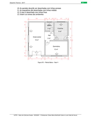 Desenho Técnico - 2017
UFPR – Setor de Ciências Exatas - DEGRAF – Professoras: Deise Maria Bertholdi Costa e Luzia Vidal de Souza
84
10. As paredes deverão ser desenhadas com linhas grossas
11. As esquadrias são desenhadas com linhas médias
12. O piso é desenhado com linhas finas
13. Inserir os nomes dos ambientes
Figura 95 – Planta Baixa – fase 4
 