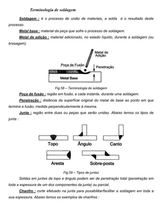 Colégio Evangélico Panambi Desenho Técnico Mecânico
Elaboração : Agnaldo Jardel Trennepohl Página 94
Terminologia de soldagem
Soldagem : é o processo de união de materiais, a solda é o resultado deste
processo.
Metal base : material da peça que sofre o processo de soldagem.
Metal de adição : material adicionado, no estado líquido, durante a soldagem (ou
brasagem).
Fig.58 – Terminologia de soldagem
Poça de fusão : região em fusão, a cada instante, durante uma soldagem.
Penetração : distância da superfície original do metal de base ao ponto em que
termina a fusão, medida perpendicularmente à mesma.
Junta : região entre duas ou peças que serão unidas. Abaixo temos os tipos de
junta :
Fig.59 – Tipos de juntas
Soldas em juntas de topo e ângulo podem ser de penetração total (penetração em
toda a espessura de um dos componentes da junta) ou parcial.
Chanfro : corte efetuado na junta para possibilitar/facilitar a soldagem em toda a
sua espessura. Abaixo temos os exemplos de chanfros :
 