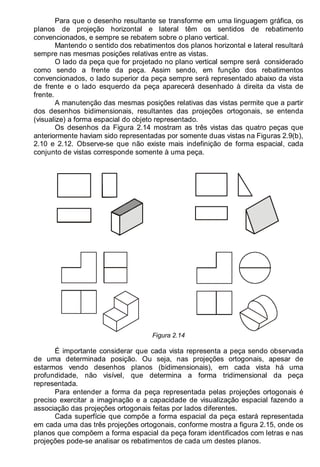 LEITURA E INTERPRETAÇÃO DE DESENHO TÉCNICO 15
Para que o desenho resultante se transforme em uma linguagem gráfica, os
planos de projeção horizontal e lateral têm os sentidos de rebatimento
convencionados, e sempre se rebatem sobre o plano vertical.
Mantendo o sentido dos rebatimentos dos planos horizontal e lateral resultará
sempre nas mesmas posições relativas entre as vistas.
O lado da peça que for projetado no plano vertical sempre será considerado
como sendo a frente da peça. Assim sendo, em função dos rebatimentos
convencionados, o lado superior da peça sempre será representado abaixo da vista
de frente e o lado esquerdo da peça aparecerá desenhado à direita da vista de
frente.
A manutenção das mesmas posições relativas das vistas permite que a partir
dos desenhos bidimensionais, resultantes das projeções ortogonais, se entenda
(visualize) a forma espacial do objeto representado.
Os desenhos da Figura 2.14 mostram as três vistas das quatro peças que
anteriormente haviam sido representadas por somente duas vistas na Figuras 2.9(b),
2.10 e 2.12. Observe-se que não existe mais indefinição de forma espacial, cada
conjunto de vistas corresponde somente à uma peça.
Figura 2.14
É importante considerar que cada vista representa a peça sendo observada
de uma determinada posição. Ou seja, nas projeções ortogonais, apesar de
estarmos vendo desenhos planos (bidimensionais), em cada vista há uma
profundidade, não visível, que determina a forma tridimensional da peça
representada.
Para entender a forma da peça representada pelas projeções ortogonais é
preciso exercitar a imaginação e a capacidade de visualização espacial fazendo a
associação das projeções ortogonais feitas por lados diferentes.
Cada superfície que compõe a forma espacial da peça estará representada
em cada uma das três projeções ortogonais, conforme mostra a figura 2.15, onde os
planos que compõem a forma espacial da peça foram identificados com letras e nas
projeções pode-se analisar os rebatimentos de cada um destes planos.
 