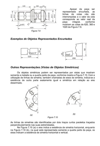LEITURA E INTERPRETAÇÃO DE DESENHO TÉCNICO 99
Ø32
Ø4
2
Ø26
R
7
R
ESF
40
Ø4
7
Ø5
6
360 24
620
1020
8
4x45º
Figura 7.9
Apesar da peça ser
representada encurtada, as
linhas de cotas não são
interrompidas e o valor da cota
corresponde ao valor real da
peça integral, conforme
mostram as cotas de 620, 360 e
1020 da Figura 7.9.
Exemplos de Objetos Representados Encurtados
25
520
Esp1/4"
50
15
200
Esp5
Outras Representações (Vistas de Objetos Simétricos)
Os objetos simétricos podem ser representados por vistas que mostram
somente a metade ou a quarta parte da peça, conforme mostra a Figura 7.10. Com a
utilização de linhas de simetria, também chamadas de eixos de simetria, indica-se a
existência de outra parte exatamente igual e simétrica em relação ao eixo
desenhado.
(a) (b)
Figura 7.10
As linhas de simetrias são identificadas por dois traços curtos paralelos traçados
perpendicularmente nas suas extremidades.
Na Figura 7.10 (a) o eixo indica a existência de simetria horizontal, enquanto
na Figura 7.10 (b), na qual está representada somente a quarta parte da peça, os
eixos indicam a existência de simetria horizontal e vertical.
 