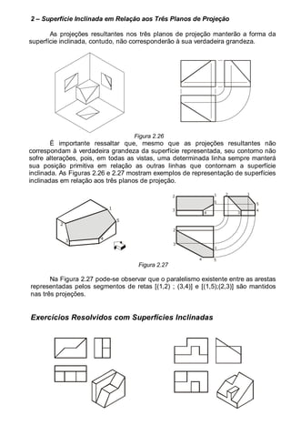 LEITURA E INTERPRETAÇÃO DE DESENHO TÉCNICO 23
2 – Superfície Inclinada em Relação aos Três Planos de Projeção
As projeções resultantes nos três planos de projeção manterão a forma da
superfície inclinada, contudo, não corresponderão à sua verdadeira grandeza.
.
Figura 2.26
É importante ressaltar que, mesmo que as projeções resultantes não
correspondam à verdadeira grandeza da superfície representada, seu contorno não
sofre alterações, pois, em todas as vistas, uma determinada linha sempre manterá
sua posição primitiva em relação as outras linhas que contornam a superfície
inclinada. As Figuras 2.26 e 2.27 mostram exemplos de representação de superfícies
inclinadas em relação aos três planos de projeção.
1
5
4
3
2
1
5
4
3
2
1
5
4
3
2
1
5
4
3
2
Figura 2.27
Na Figura 2.27 pode-se observar que o paralelismo existente entre as arestas
representadas pelos segmentos de retas [(1,2) ; (3,4)] e [(1,5);(2,3)] são mantidos
nas três projeções.
Exercícios Resolvidos com Superfícies Inclinadas
 